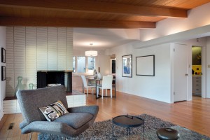 Mid-Century Modern Hardwood Natural Stone Tile in a home, by Bigelow Flooring in Guelph.