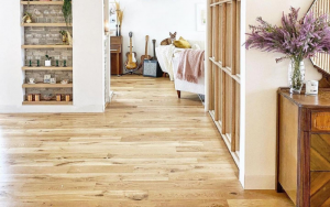 hallway with bookcase showing trending light brown wood coloured flooring