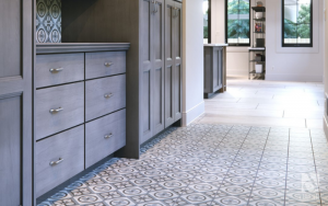 mosaic tiles on the floor in a bathroom hallway by a dresser. a top trending floor colour and desgin for 2021