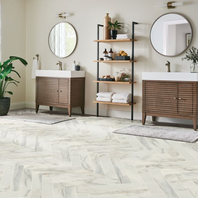 bathroomwith chevron marble floor